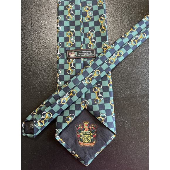 Paolo Gucci Tie Necktie 100% Silk Blue Green Check Iconic Horsebit Made In Italy - Picture 1 of 5